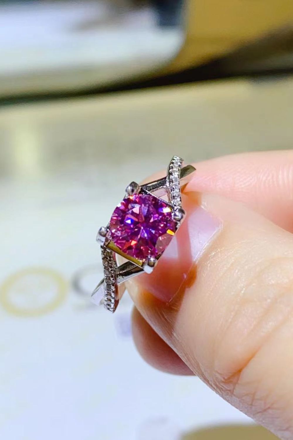 1 Carat Fuschia Pink Sparkala™ Crisscross Platinum Over Pure Sterling Silver Ring