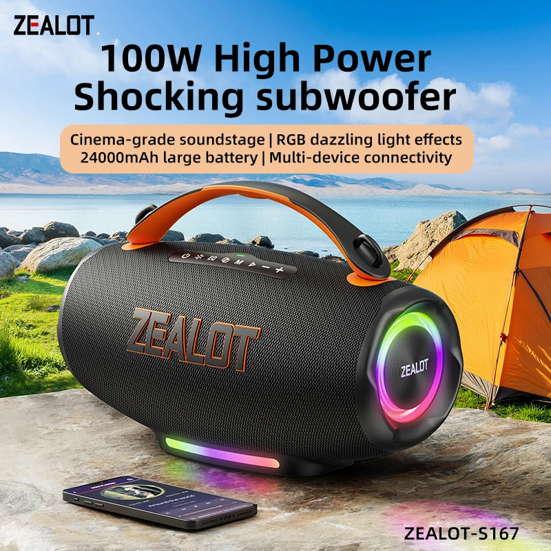 ZEALOT S167 100W Portable Wireless Speaker with Deep Bass Long Playtime Waterproof for Outdoor Indoor, Supports AUX/TF Card/USB