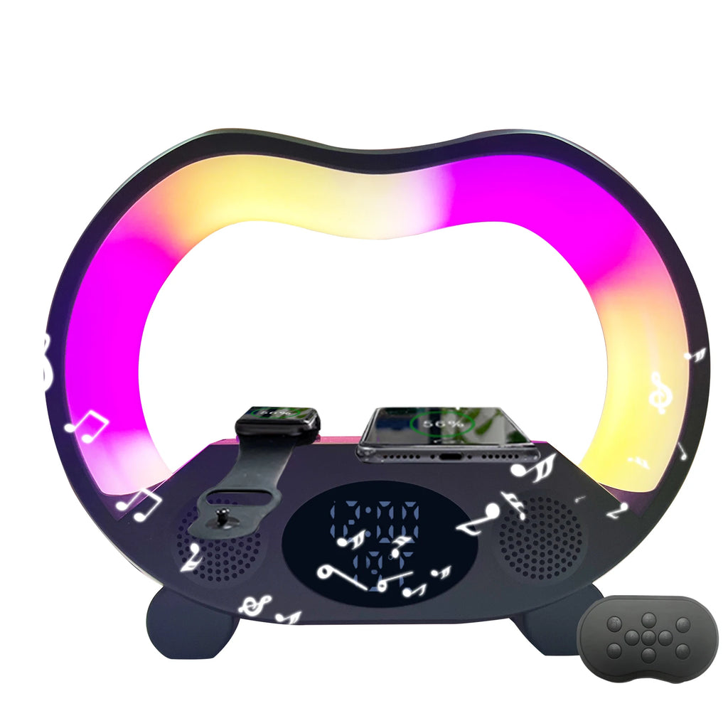 New Model Led Rgb Lamp Dock 5 in 1 Music Wireless Speaker Wireless Charger Lamp Mobile Phone Fast Charging RGB Alarm Clock