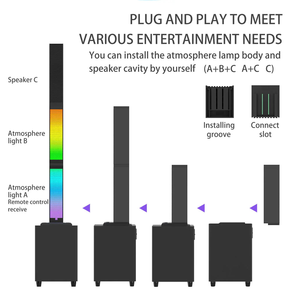 BS-68 45W Karaoke TV Soundbar with Subwoofer, RGB Lighting, 2 Wireless Microphones, Home Theater Party Speaker