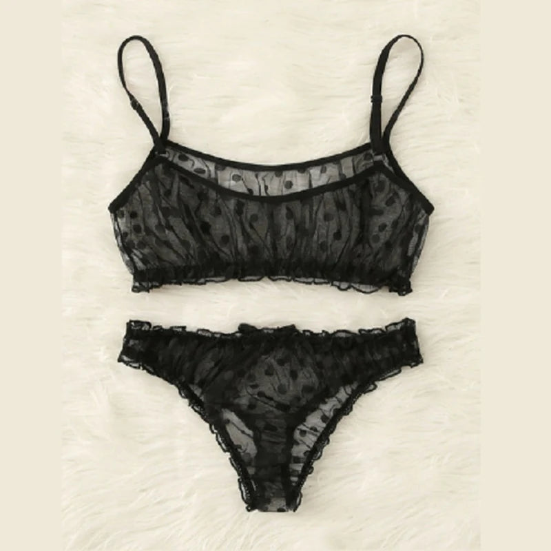 Sexy Ladies Bra sets Polka Dot Mesh Sexy Lingerie Comfortable Thin Bra and Panty set Ruffles Transparent Women's Underwear Panty
