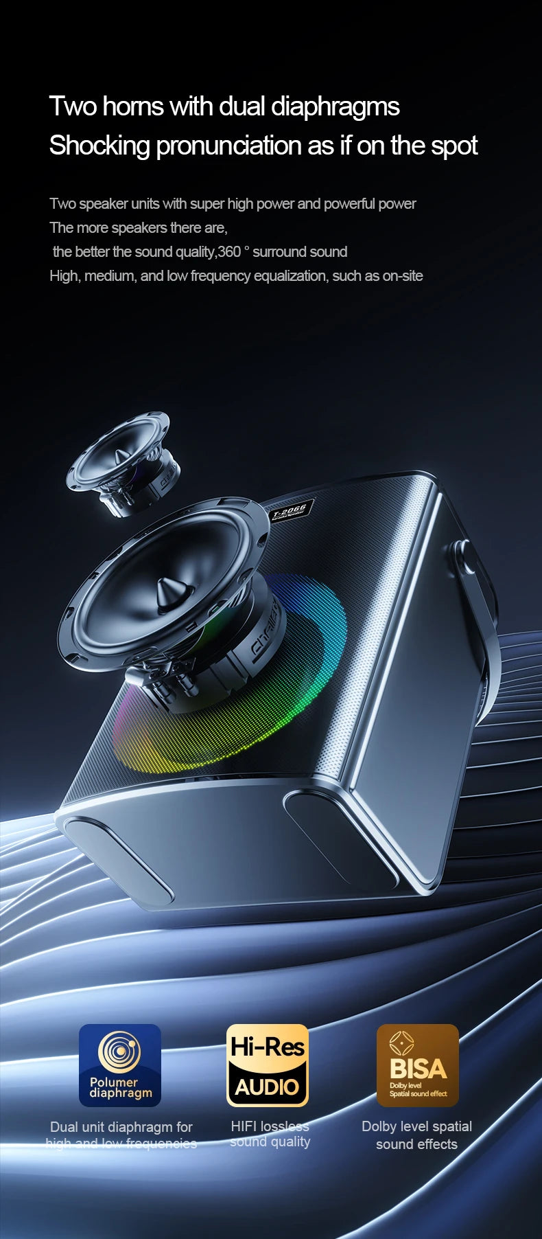 Portable Bluetooth speaker, Karaoke machine, 30W, Super LED RGB lighting effect, with 2 wireless microphones and 5 sound effects