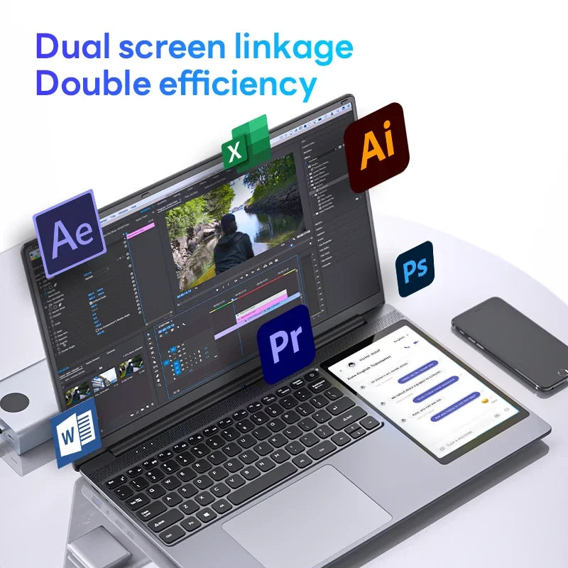 Intel N100 New 15 Inch + 7 Inch Double Monitor Intel Celeron Backlit Keyboard Dual Screen Touch Office Business Laptop