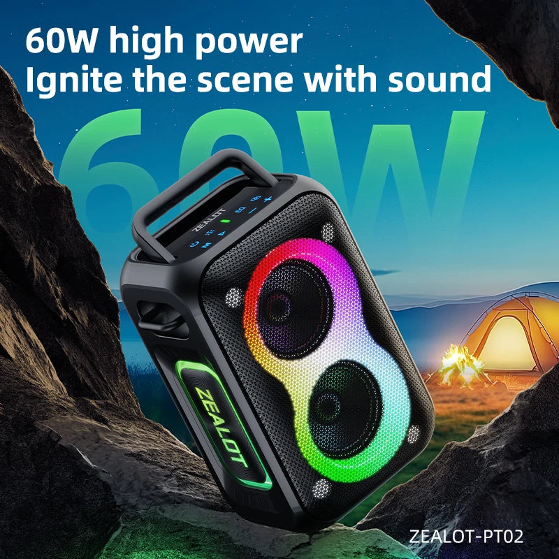 Zealot PT02 60W Portable RGB LED Wireless Speaker 8000mAh Battery for 5.3 IPX6 Waterproof for Outdoor Karaoke Computer Use