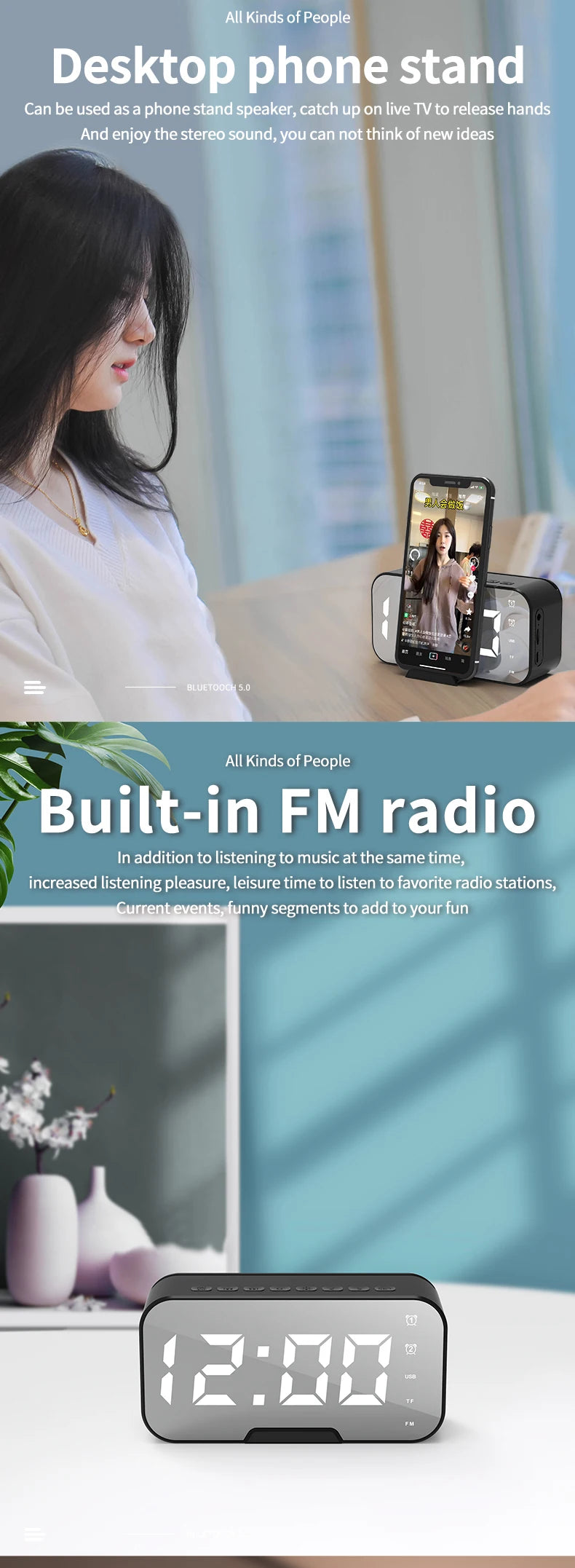 Portable for Bluetooth 5.2 Smart Alarm Clock Speaker LED Mirror with FM Radio Adjustable Home Computer Phone Holder