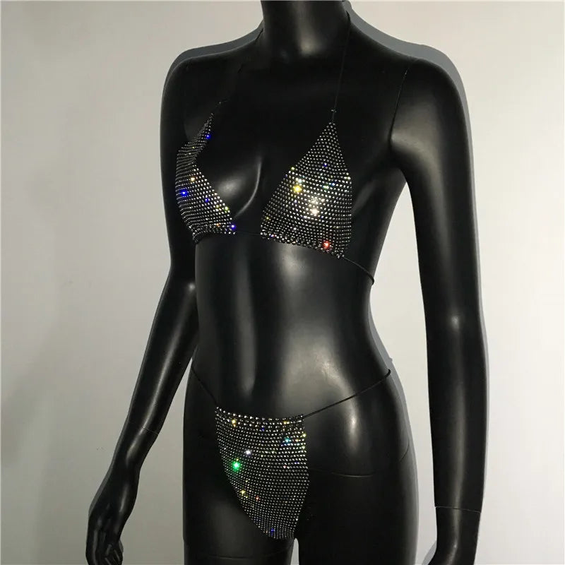 Bling Rhinestones Bra Panty Set Women Sexy Halter Bra Sexy Panty Two Piece Set Summer Beach Outfits Party Club Matching Sets