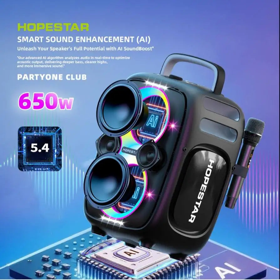 Partyone Club With Dual Microphone 650W Loud Bass Powered Original Hopestar Karaoke Speakers Outdoor Party Speaker Subwoofer