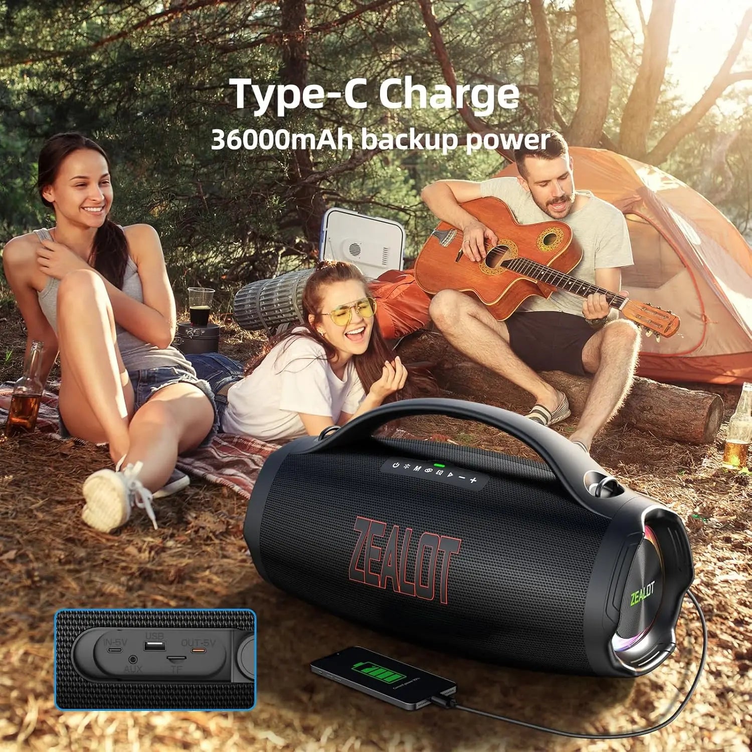 ZEALOT 2025 Portable for Bluetooth Speaker IPX6 Waterproof 36000mAh Powerbank EQ USB/TF/AUX Great Bass for Home Outdoor
