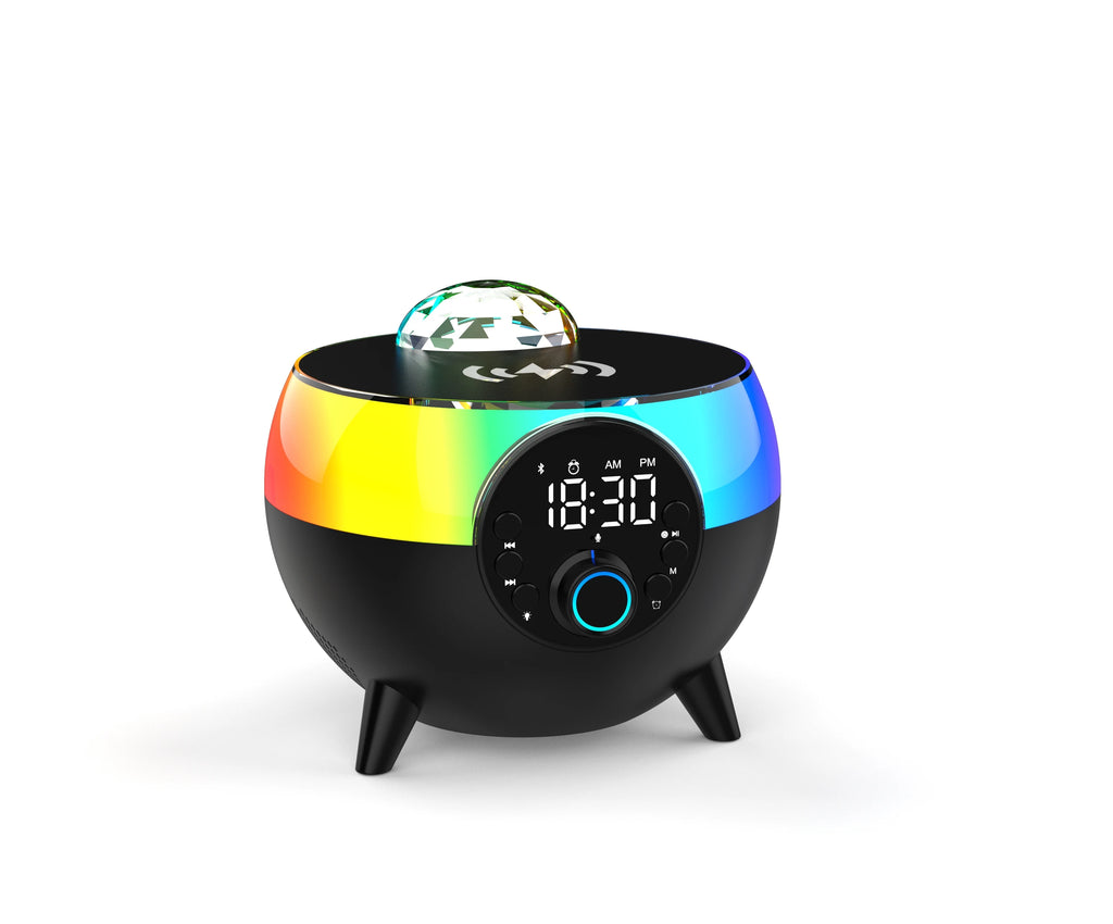 All-In-One Mini Wireless Charging Speaker with Bluetooth LED Lighting AUX Input FM Radio Clock Alarm ABS-Starry Sky Edition