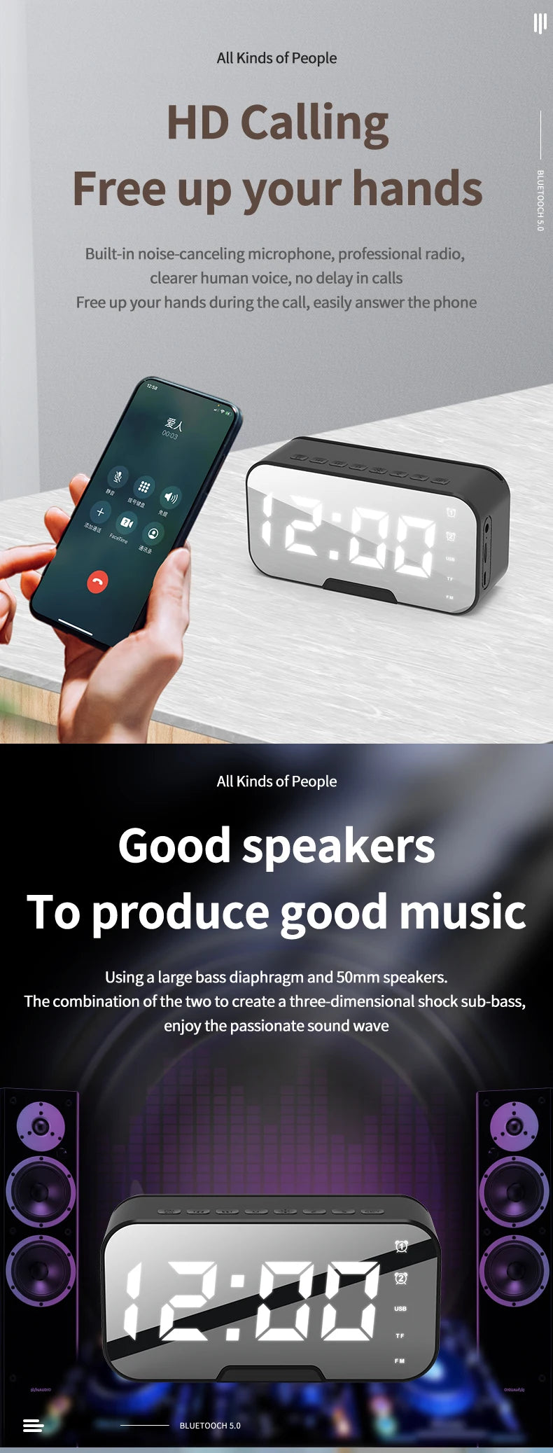 Portable for Bluetooth 5.2 Smart Alarm Clock Speaker LED Mirror with FM Radio Adjustable Home Computer Phone Holder
