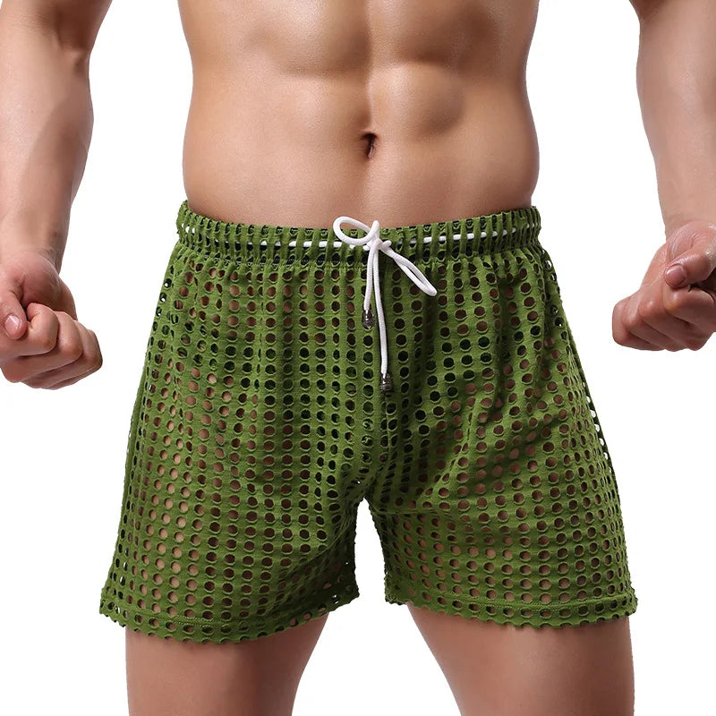 Lingerie Mens Underwear Fishnet Mesh Transparent Boxer Shorts Breathable Boxershorts Sleep Bottoms Cuecas Sports Causal Shorts
