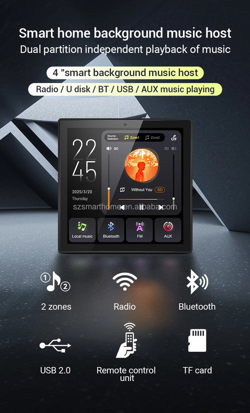 2 Zone Music Touch Screen TF/USB/AUX/Radio Home Theater Playing System Media Player for Smart Home