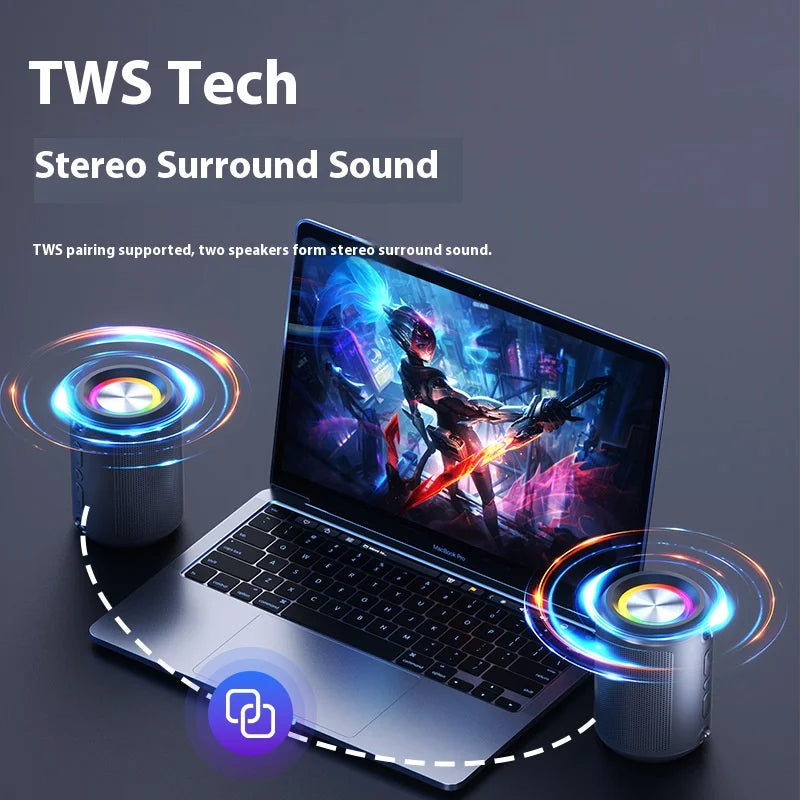 Portable for Bluetooth 5.4 Speaker with RGB LED Lights Waterproof Loud Sound Deep Bass Wireless Stereo Pairing Metal Plastic