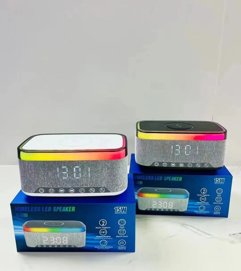 High 10W Battery-Powered Wireless Charger for Bluetooth 5.3 Speaker RGB LED Lighting Card FM Alarm Clock Display Home Theatre