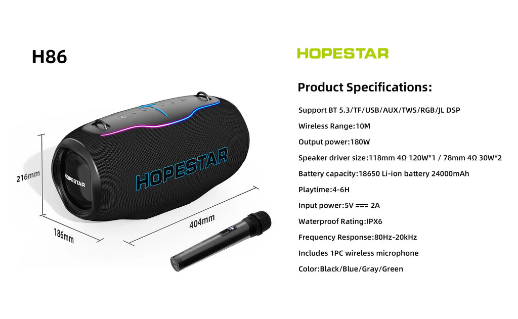 New Arrived HOPESTAR H86 180W Portable Wireless Stereo Audio System Waterproof Home Karaoke Subwoofer Caixa De Som Speakers