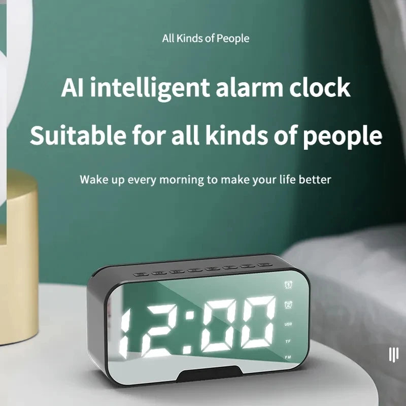 Portable for Bluetooth 5.2 Smart Alarm Clock Speaker LED Mirror with FM Radio Adjustable Home Computer Phone Holder