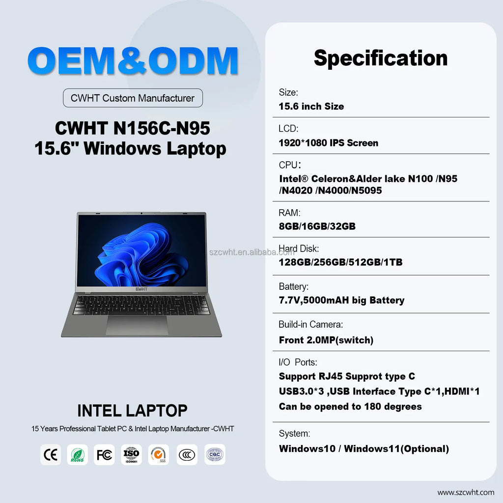 Hot New 15.6 Inch FHD IPS Metal Business Laptop 4Cores4Threads In-tel Processor N95 16GB 512GB SSD 3.40GHz Win11 Laptop