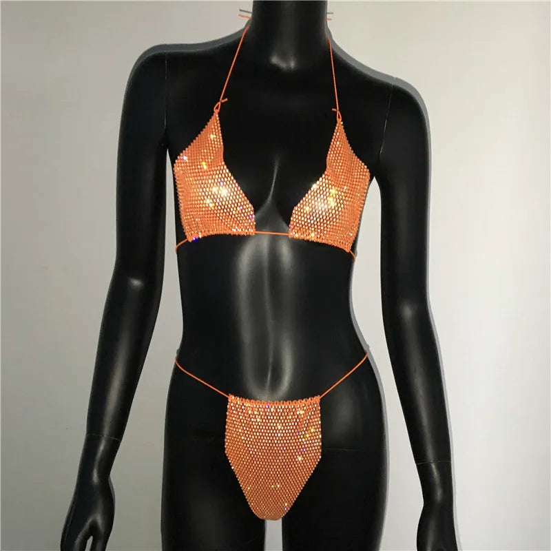 Bling Rhinestones Bra Panty Set Women Sexy Halter Bra Sexy Panty Two Piece Set Summer Beach Outfits Party Club Matching Sets