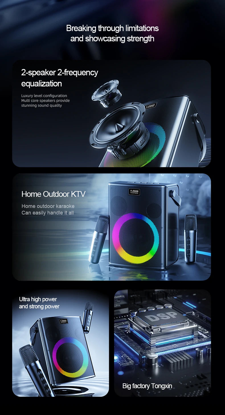 Bluetooth speaker, Karaoke machine, 30W, super colorful LED RGB lighting effect, with 2 wireless microphones and 5 sound effects