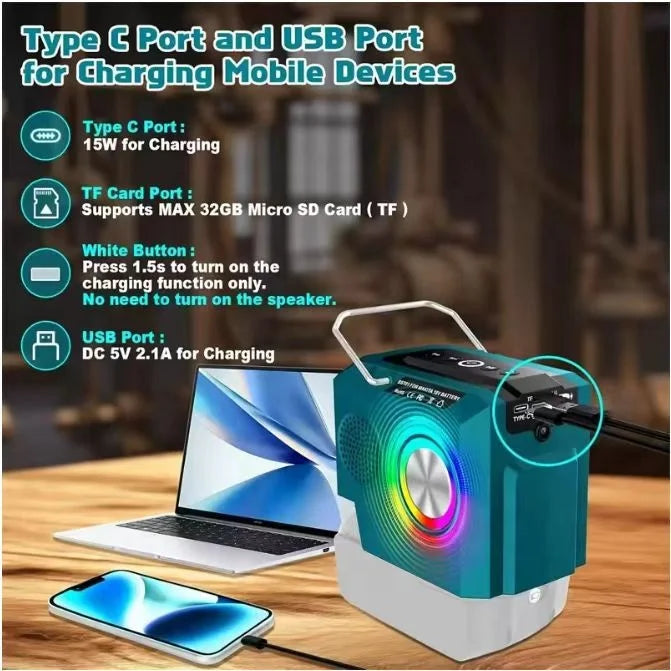 Portable Cordless Bluetooth Speaker Fit for Makita 18v Battery Small Speaker Wireless With HD Sound for Jobsites Home and Party
