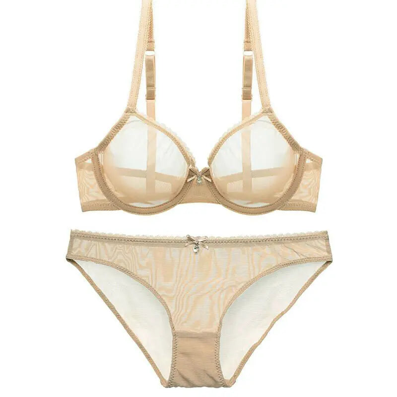 YANDW Brown Bras Panties Sale Separated Transparent Mesh See Through Stretch Women Sexy Lingerie Big Plus Size BH Set 3 Colors