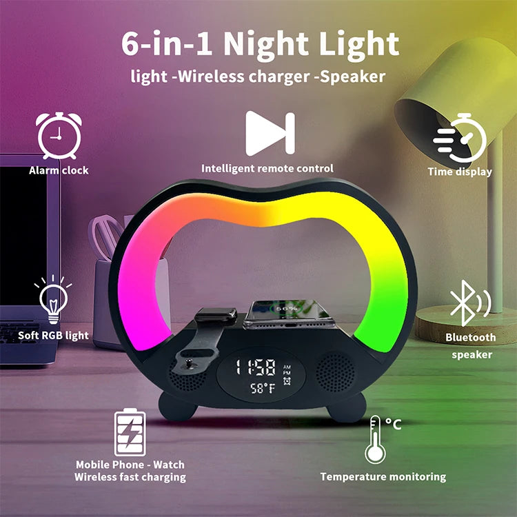 New Model Led Rgb Lamp Dock 5 in 1 Music Wireless Speaker Wireless Charger Lamp Mobile Phone Fast Charging RGB Alarm Clock