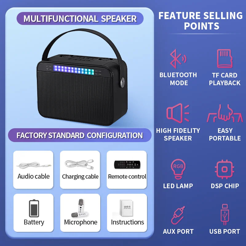 Wireless Bluetooth Microphone with Remote Control Portable Handheld Speaker Karaoke Machine Style for Kids Colorful LED Light