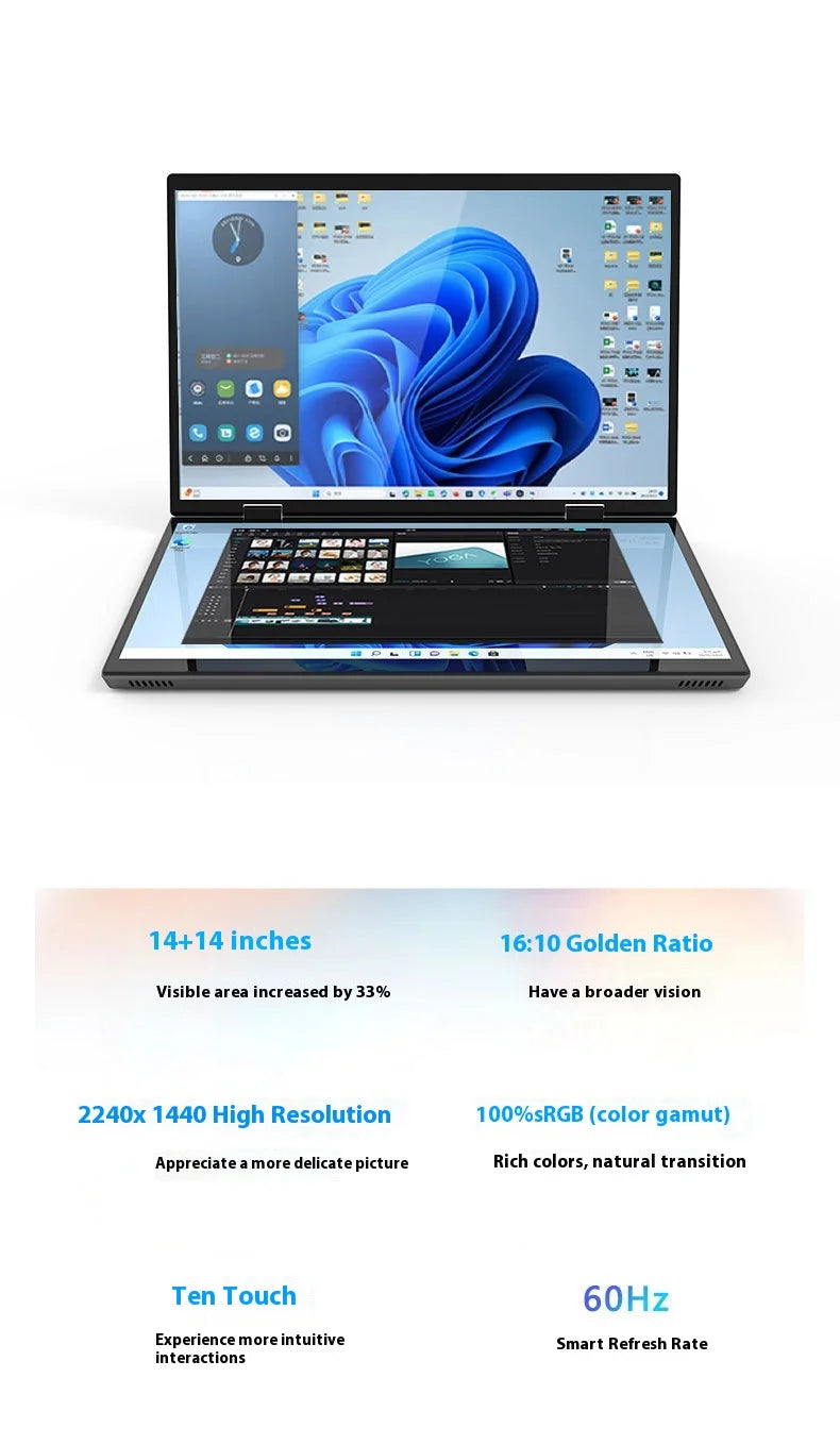 2025 Hot Selling Brand New TouchYoga Professional Portable Gaming Laptop 2-in-1 14+14 Dual Touch Screens Intel Metal English