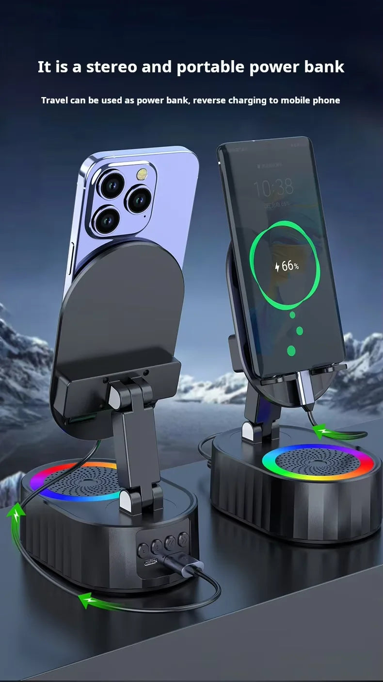 Multi-functional  Induction BT Speaker Rechargeable RGB LED Light 360° Rotation Foldable Phone Stand Speaker with Power Bank