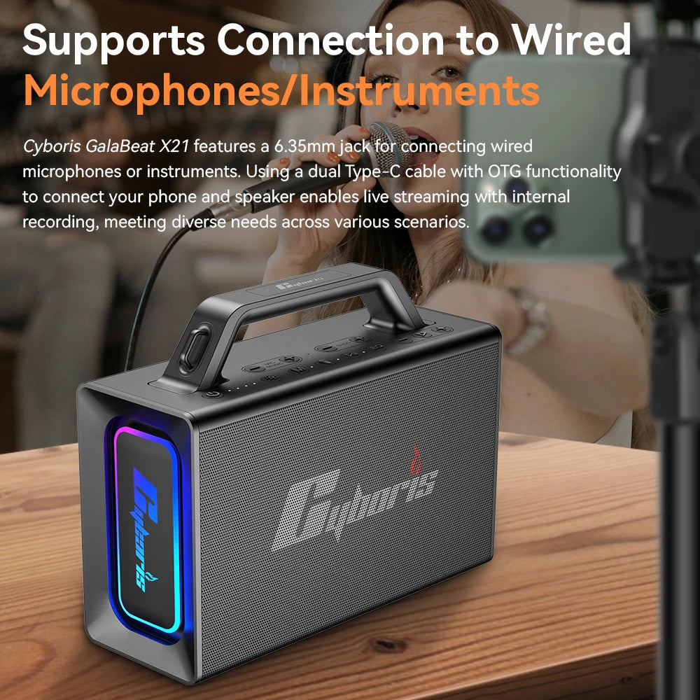 X21 200W Karaoke Speaker with Professional Mixing Controls with Dual Wireless Mics and Dynamic Stage Lighting TF Subwoofer