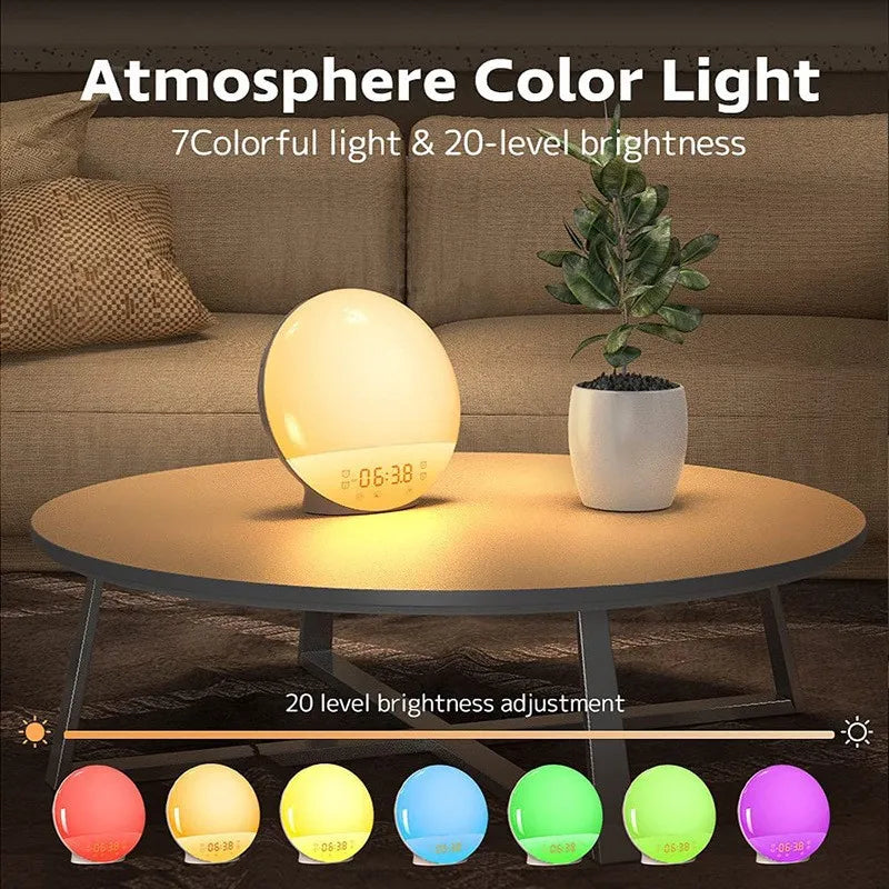 ACA01 7 Color Light Wireless Speaker Alarm Clock, FM Radio with 7 Natural Ringtones and 20-Level Brightness Sound Machine