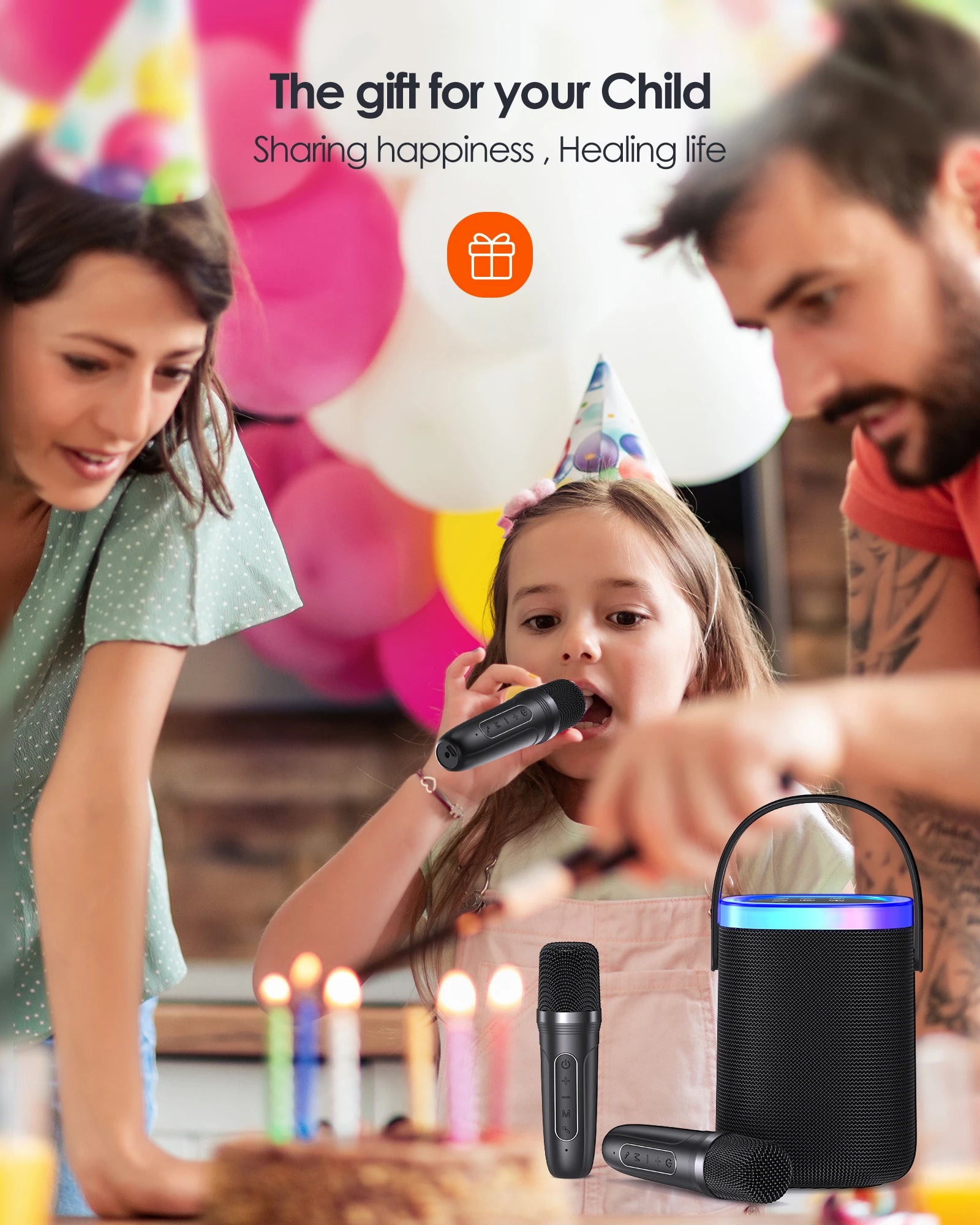 Karaoke Machine,Portable Bluetooth Karaoke Speaker with Dual Wireless Microphones, Dynamic RGB Party Lights
