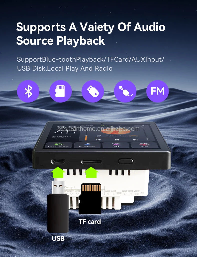 2 Zone Music Touch Screen TF/USB/AUX/Radio Home Theater Playing System Media Player for Smart Home