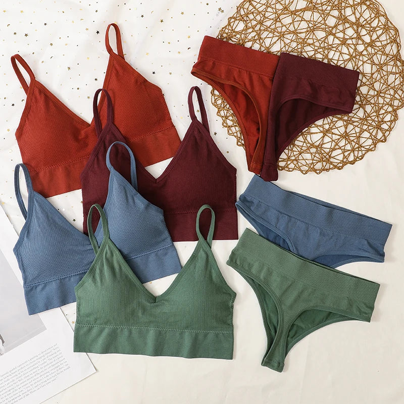 Women Bra And Panties Set Sports Seamless Bra Set Sexy G-String Thong Sexy Lingerie Set Fitness Crop Top Underwear Intimates