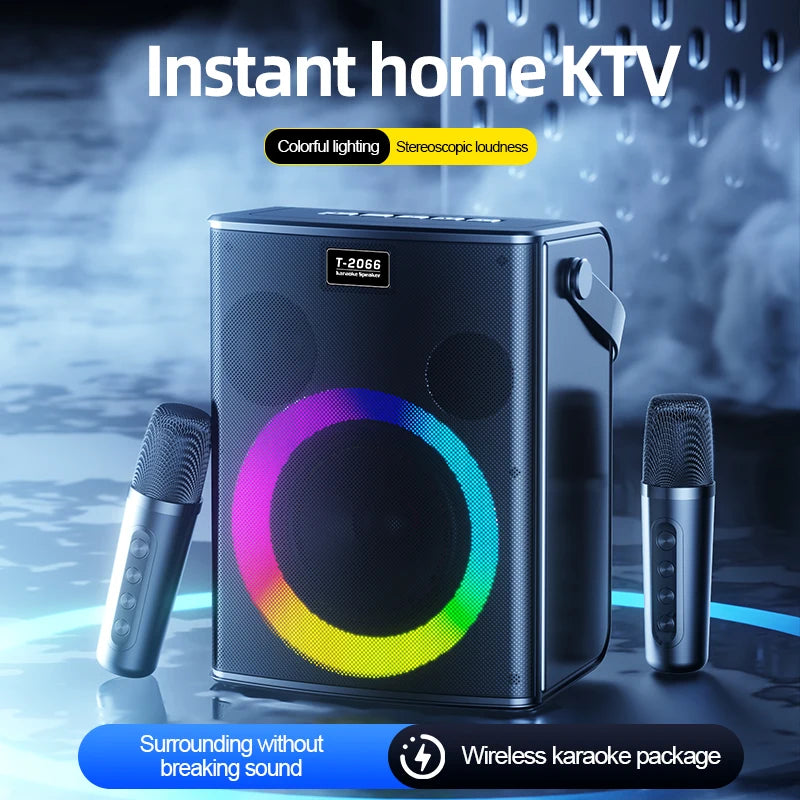 Bluetooth speaker, Karaoke machine, 30W, super colorful LED RGB lighting effect, with 2 wireless microphones and 5 sound effects