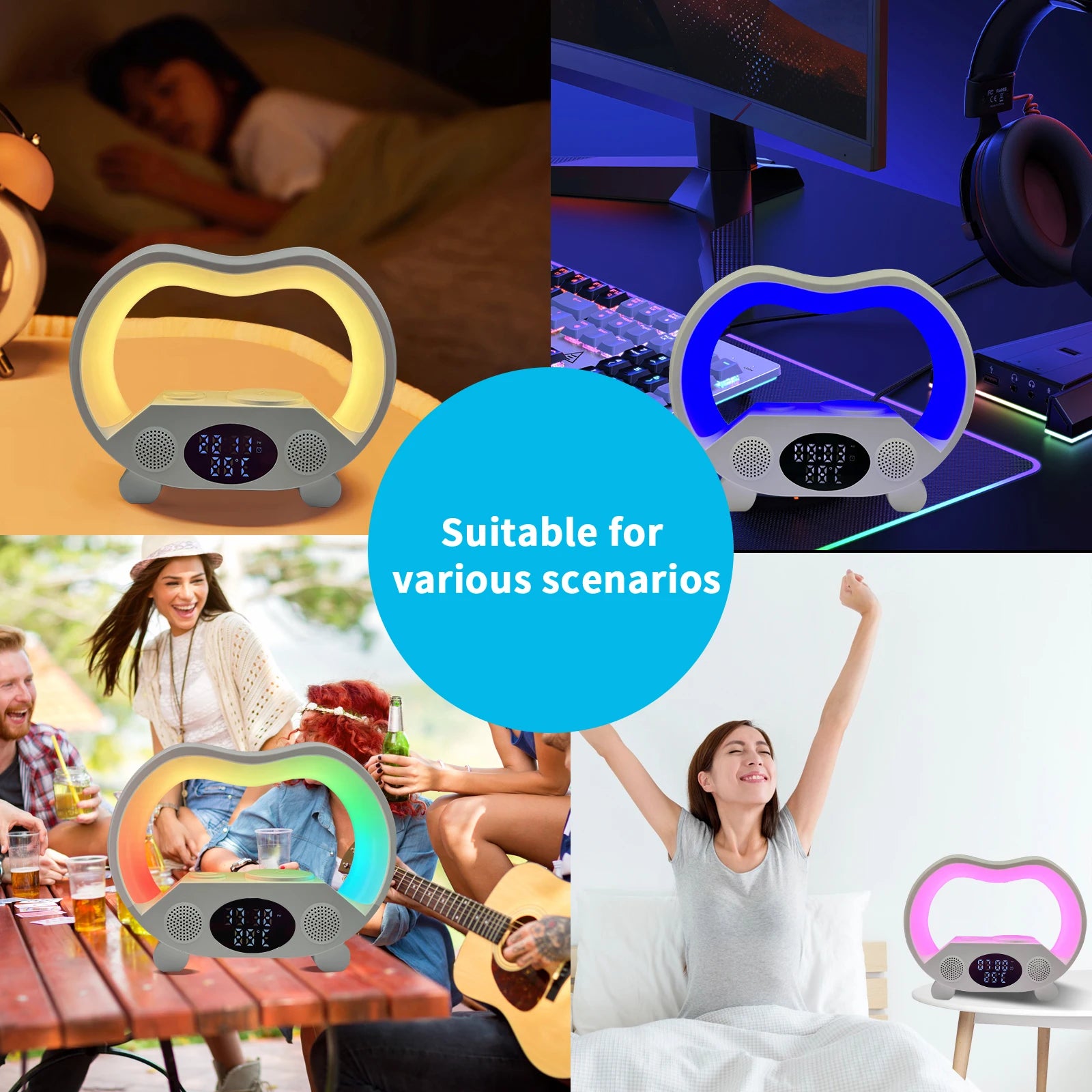 New Model Led Rgb Lamp Dock 5 in 1 Music Wireless Speaker Wireless Charger Lamp Mobile Phone Fast Charging RGB Alarm Clock