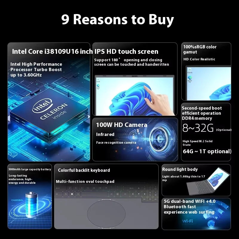 High Quality 16 Inch Win 11 Business Laptop 32GB 1TB SSD Intel I3 8109U Processor English Keyboard IPS Panel 165Hz New