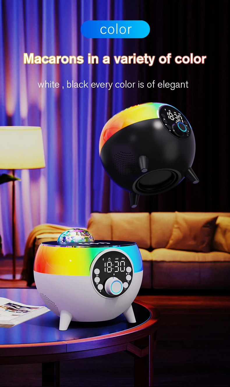 All-In-One Mini Wireless Charging Speaker with Bluetooth LED Lighting AUX Input FM Radio Clock Alarm ABS-Starry Sky Edition