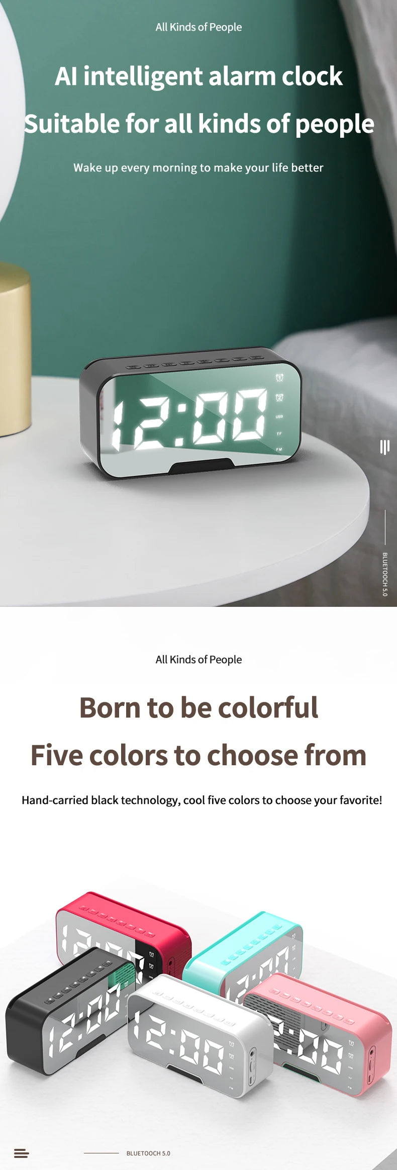 Portable for Bluetooth 5.2 Smart Alarm Clock Speaker LED Mirror with FM Radio Adjustable Home Computer Phone Holder