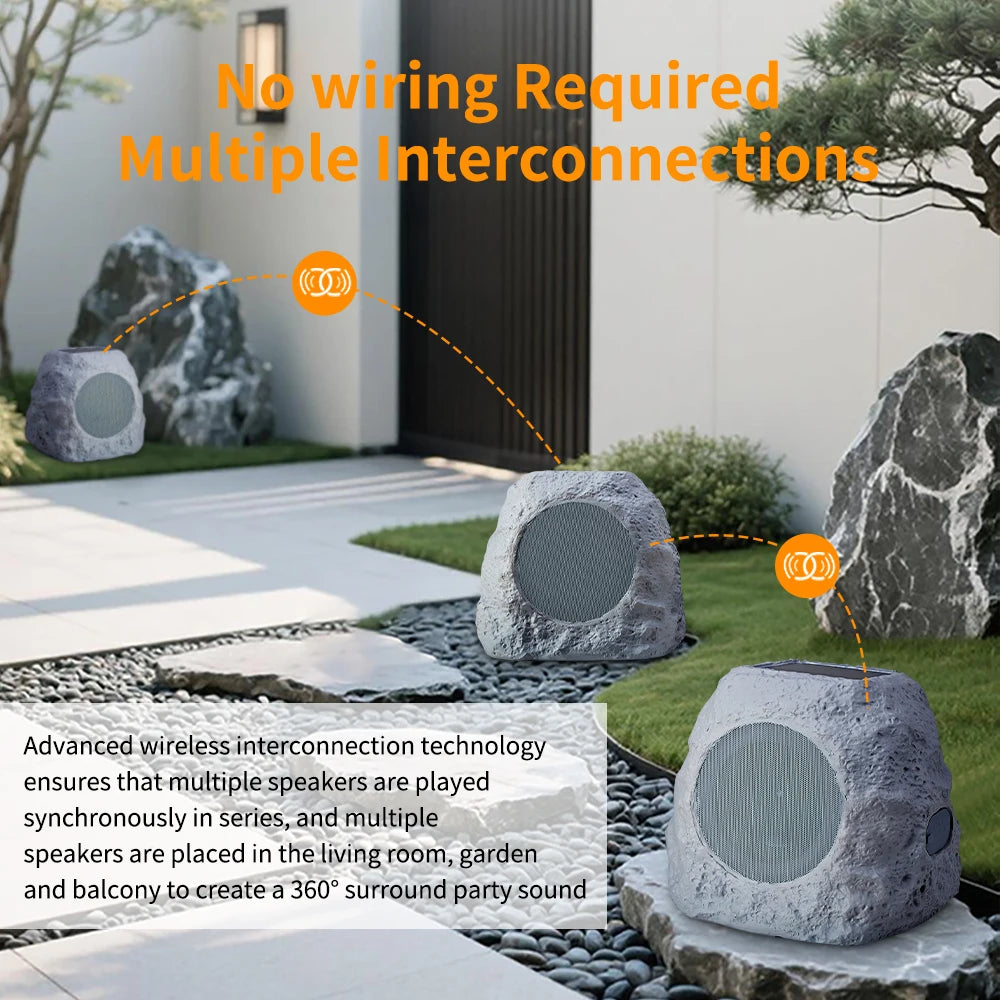 Rock BT 5.3 Speaker Connect, Stone, Wireless Outdoor , 22-Hour Battery Life, with Solar Charging, IP65 Water & Dust Resistant