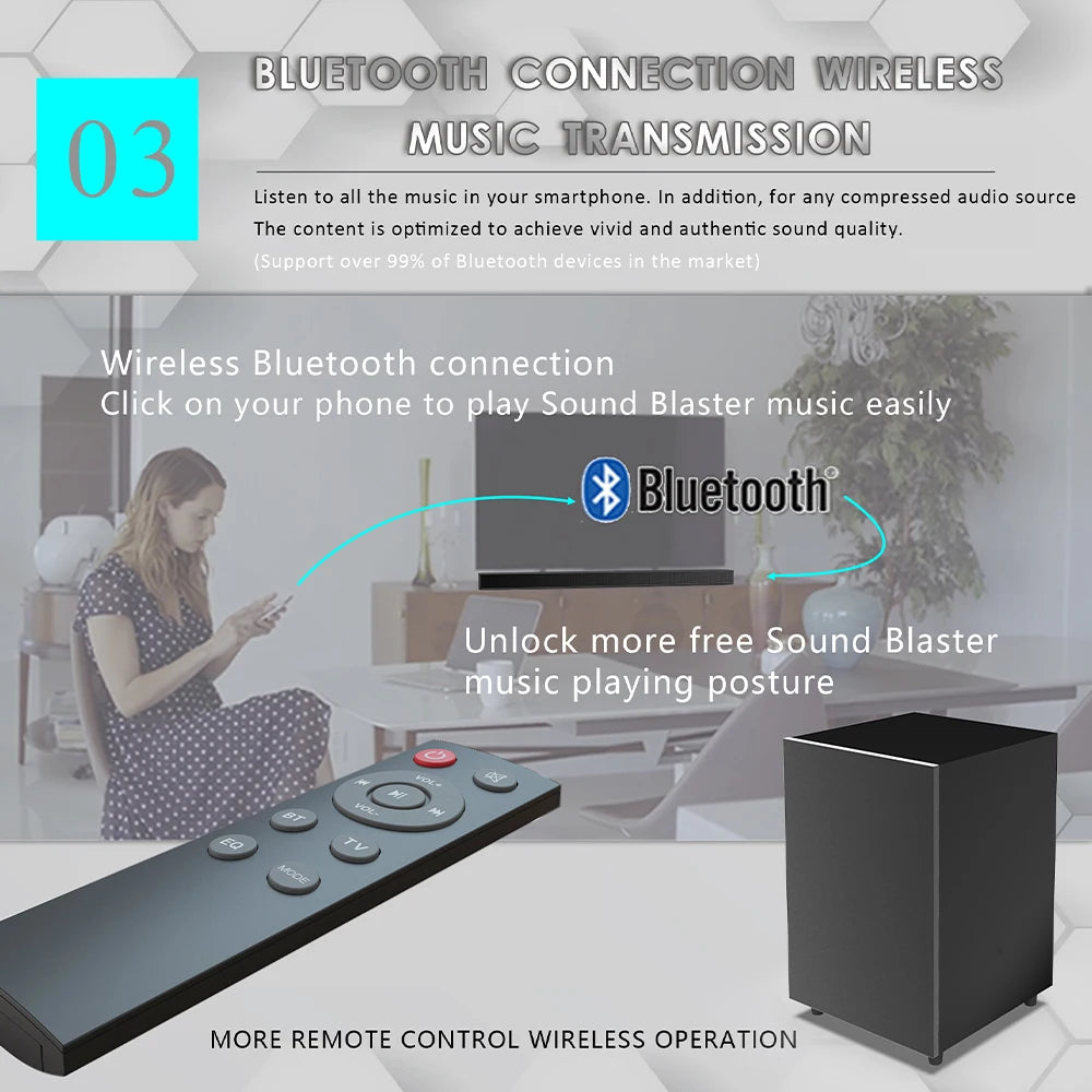 84W TV Wireless Sound Bar with Wireless Subwoofer Box Soundbar 2.1Home Theater Surround Sound System Aux/USB/Optical/Coaxial/RCA