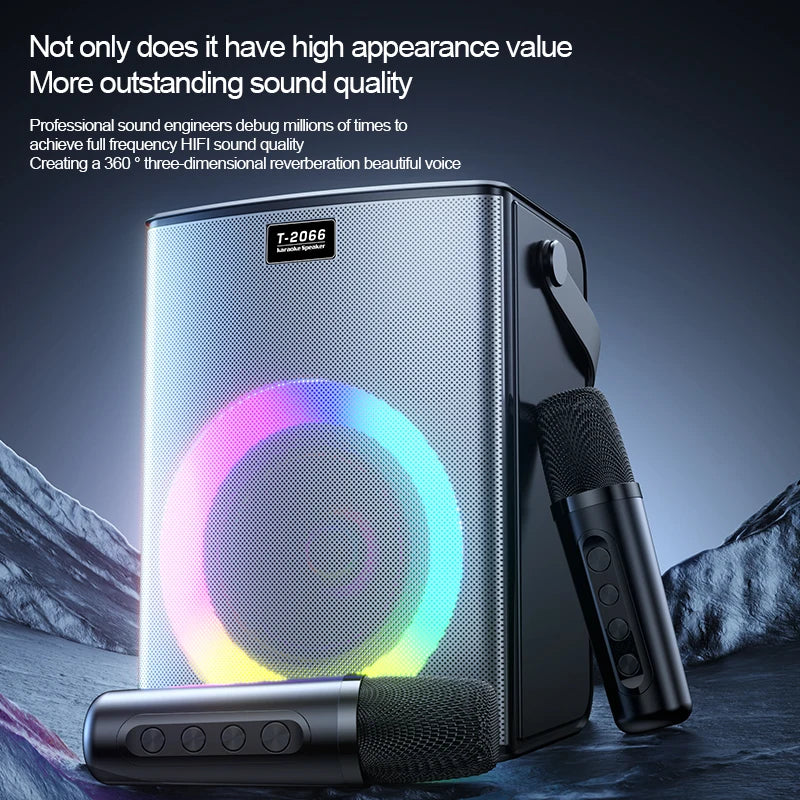 Portable Bluetooth speaker, Karaoke machine, 30W, Super LED RGB lighting effect, with 2 wireless microphones and 5 sound effects