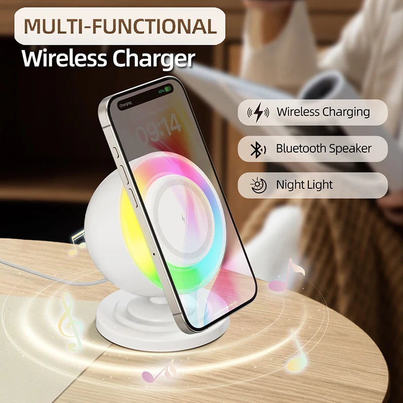 Best Selling Products 2025 15W Output Power Three-in-One Wireless Charger with Speaker and RGB Night Light Wireless Charging