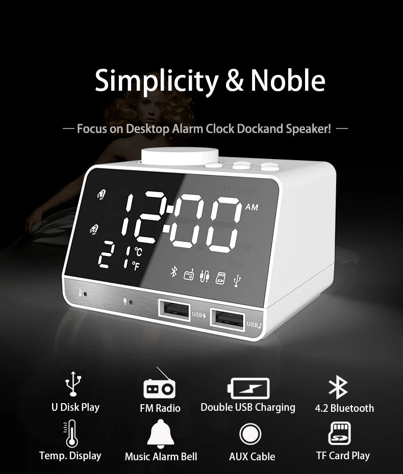2026 NEW Alarm Clock Phone Charging Dock Station Speaker Wireless Support AUX Cable TF Card for Bedroom Student and Hotel