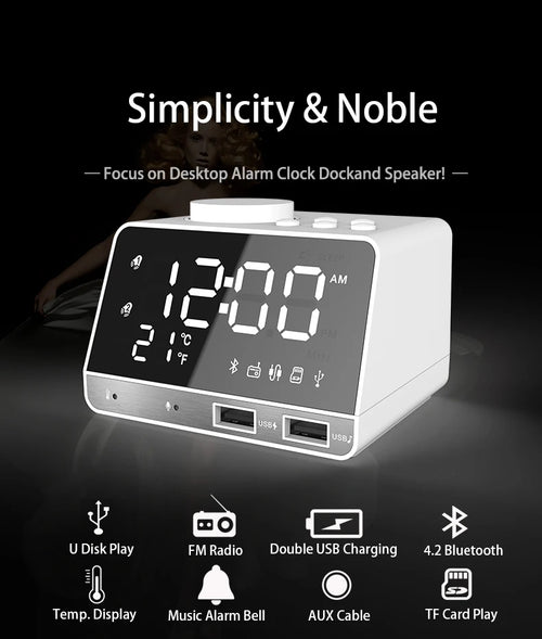 2026 NEW Alarm Clock Phone Charging Dock Station Speaker Wireless Support AUX Cable TF Card for Bedroom Student and Hotel