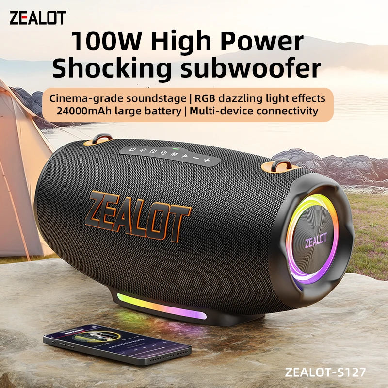 Zealot S127 100W Wireless Speaker 24000mAh Battery Power Bank RGB LED BT5.4 IPX6 Waterproof Portable Super Bass Outdoor Speaker