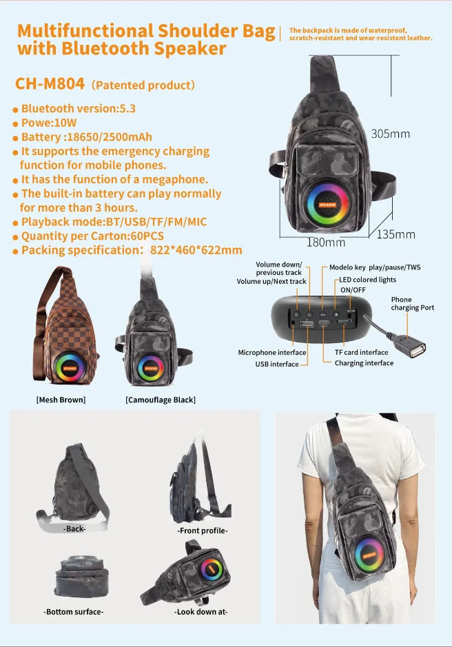 Crossbody Sling Backpack Wireless Speaker 52mm 10W Powerful Audio 2500mAh BT 5.3 with TF Card Playback for Outdoor, CH-804