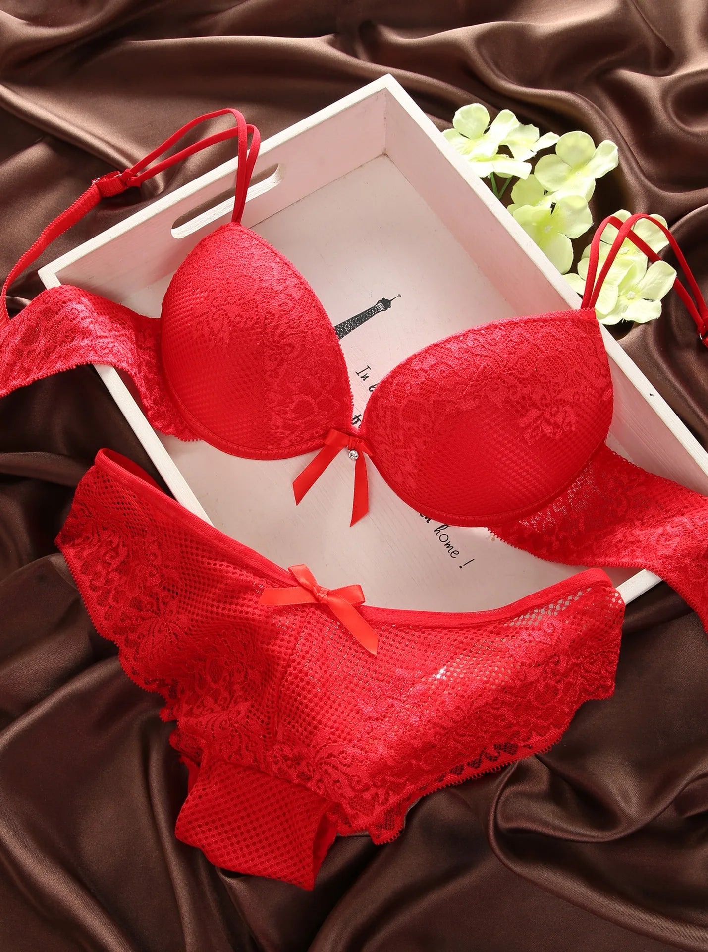 Femme Underwear Set Sexy Panties Lace Lingerie Push Up Thin 3/4 Cup Bralette Hollow Out Briefs Bra Panty Beauty Back Top Bottoms