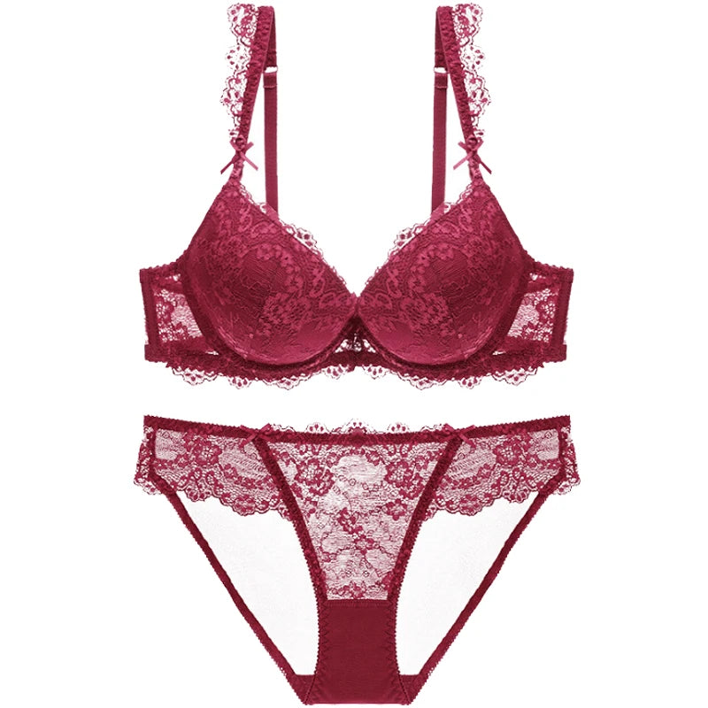 Fashion Red Lace Bra And Panty Sets For Women Thick Cotton Underwire Push Up Bras Underwear Female Sexy Lingerie Set A B C Cup