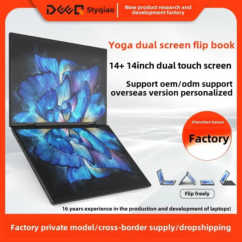 2025 Hot Selling Brand New TouchYoga Professional Portable Gaming Laptop 2-in-1 14+14 Dual Touch Screens Intel Metal English